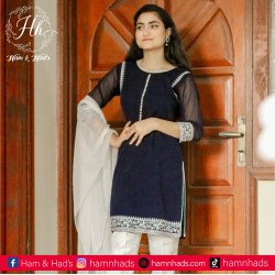 Detailed Embroidered Earnest Blue Straight Shirt | Banarsi Trouser |Plain Dubatta | Party Wear & Casual Wear Dress